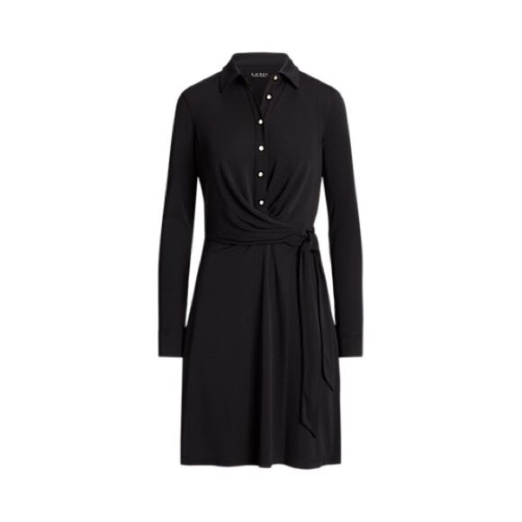Lauren Ralph Lauren Black Notched Collar Midi Size 10 Shirt Dress MSRP $145 NWT - Picture 1 of 15